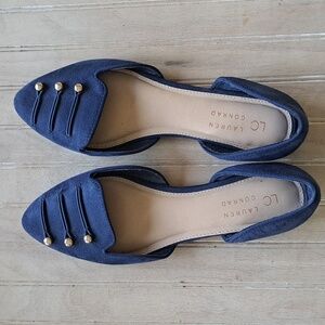 Lauren Conrad Flannavy Blue D'Orsay Gold Studded Classy Dressy Slip On Flats
